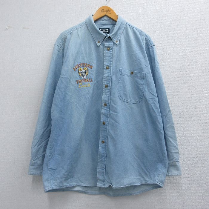 【商品番号】 shr25040098 【商品名】 XL & starf;古着 長袖 シャツ メンズ 90年代 90s AMSTERDAM フットボール 大きいサイズ ボタンダウン 薄紺 デニム