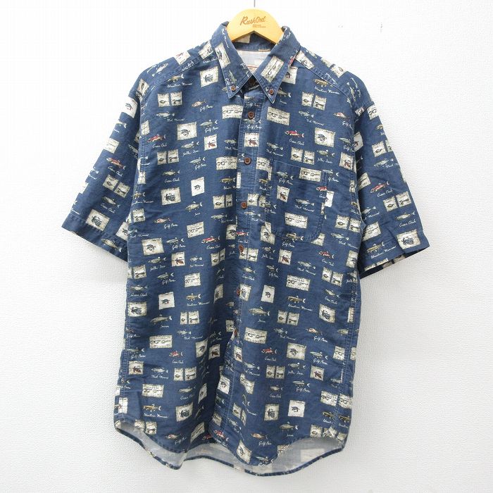 【商品番号】 shrs23052977 【商品名】 L & starf;古着 ウールリッチ 半袖 シャツ メンズ 00年代 00s 魚 総柄 ロング丈 コットン ボタンダウン 紺他 【メンズ参