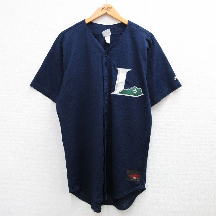 【商品番号】 shrs23064519 【商品名】 L & starf;古着 ローリングス 半袖 ベースボール シャツ メンズ 00年代 00s L 20 メッシュ地 ラグラン ロング丈 紺 
