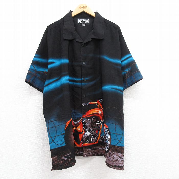 【商品番号】 shrs23071040 【商品名】 XL & starf;古着 半袖 シャツ メンズ 00年代 00s バイク 大きいサイズ ロング丈 開襟 オープンカラー 黒他 【メンズ参考