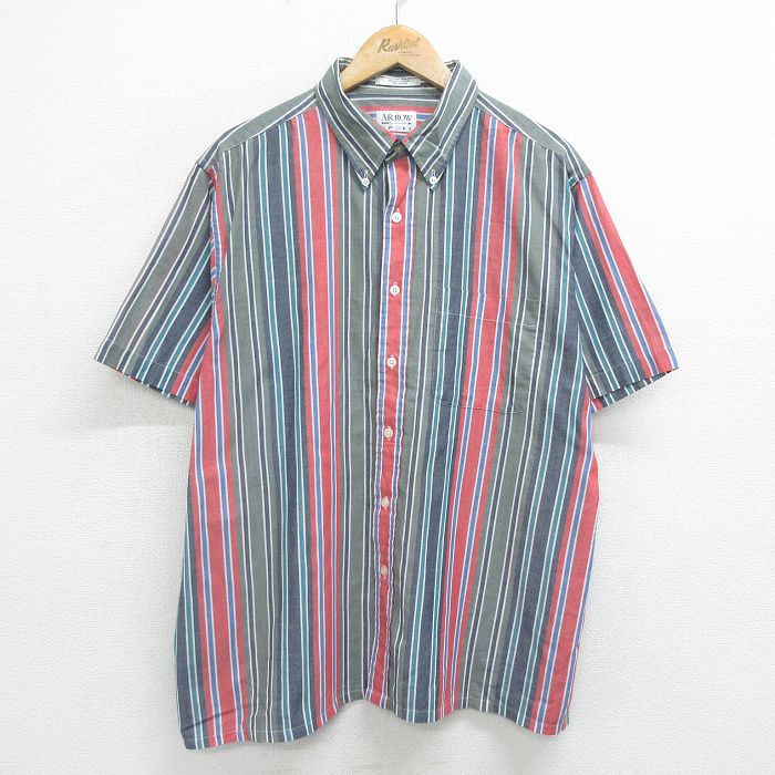 【商品番号】 shrs24021637 【商品名】 XL & starf;古着 アロー 半袖 シャツ メンズ 90年代 90s 大きいサイズ クルーネック 緑系他 ストライプ 【メンズ参考サイ