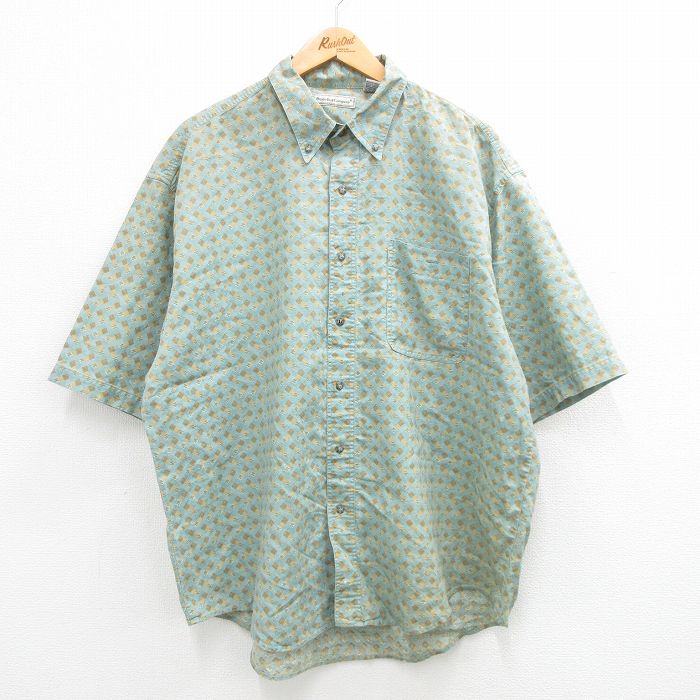 【商品番号】 shrs24030913 【商品名】 XL & starf;古着 ビューグルボーイ 半袖 シャツ メンズ 00年代 00s 総柄 大きいサイズ ロング丈 ボタンダウン 緑他 【メ