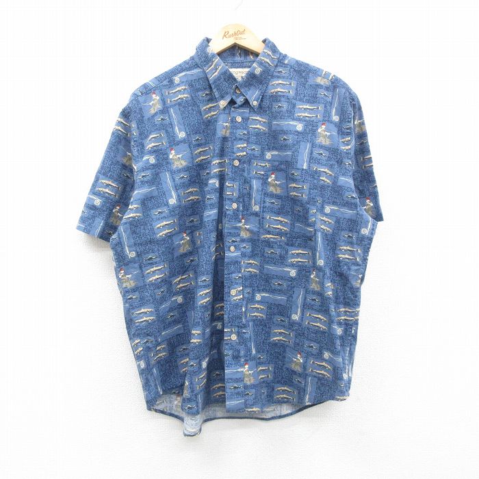 【商品番号】 shrs24032192 【商品名】 XL & starf;古着 マンシングウェア 半袖 シャツ メンズ 魚 釣り 総柄 大きいサイズ コットン ボタンダウン 紺他 【メンズ参考