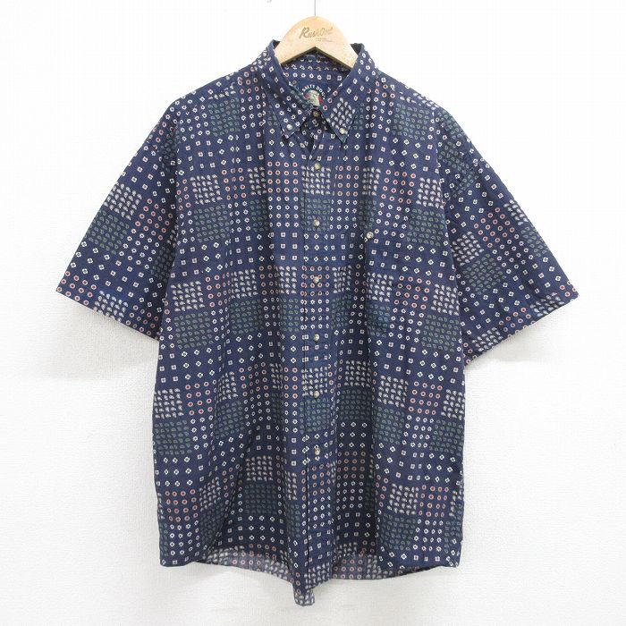 【商品番号】 shrs24032375 【商品名】 XL & starf;古着 GANT 半袖 シャツ メンズ 90年代 90s 総柄 大きいサイズ コットン ボタンダウン 濃紺他 【メンズ参