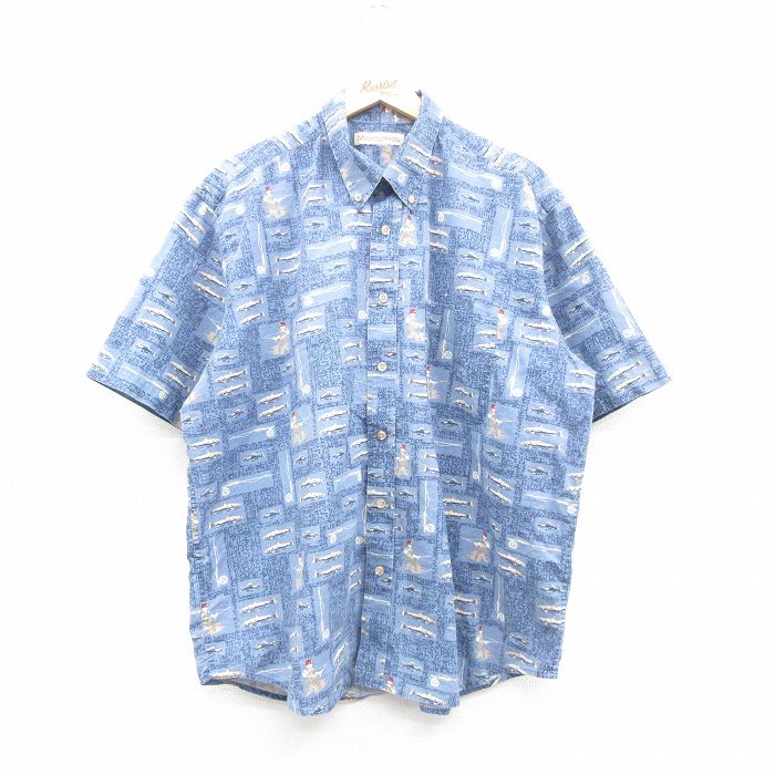 【商品番号】 shrs24040009 【商品名】 XL & starf;古着 マンシングウェア 半袖 シャツ メンズ 魚 釣り 総柄 大きいサイズ ボタンダウン 紺他 【メンズ参考サイズ】 