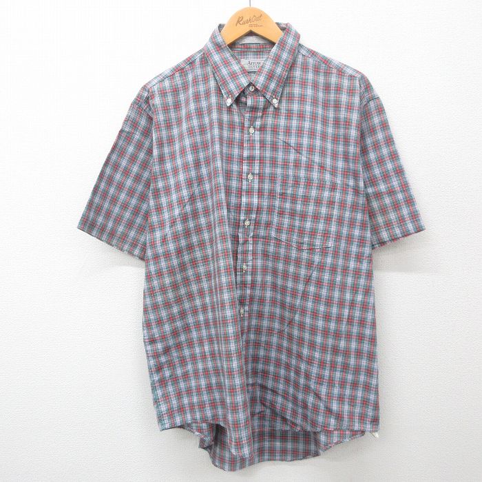 【商品番号】 shrs24042507 【商品名】 XL & starf;古着 アロー 半袖 シャツ メンズ 90年代 90s 大きいサイズ ボタンダウン USA製 薄紺他 チェック 【メンズ