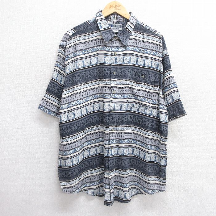 【商品番号】 shrs25040217 【商品名】 XL & starf;古着 半袖 シャツ メンズ 総柄 大きいサイズ ロング丈 レーヨン 紺他【spe】 【メンズ参考サイズ】 XL 【表記