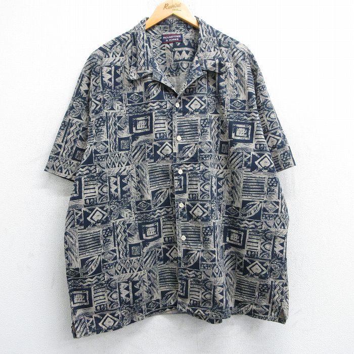 【商品番号】 shrs25042229 【商品名】 XL & starf;古着 半袖 シャツ メンズ 00年代 00s 葉 総柄 大きいサイズ ロング丈 コットン 開襟 オープンカラー ベージ