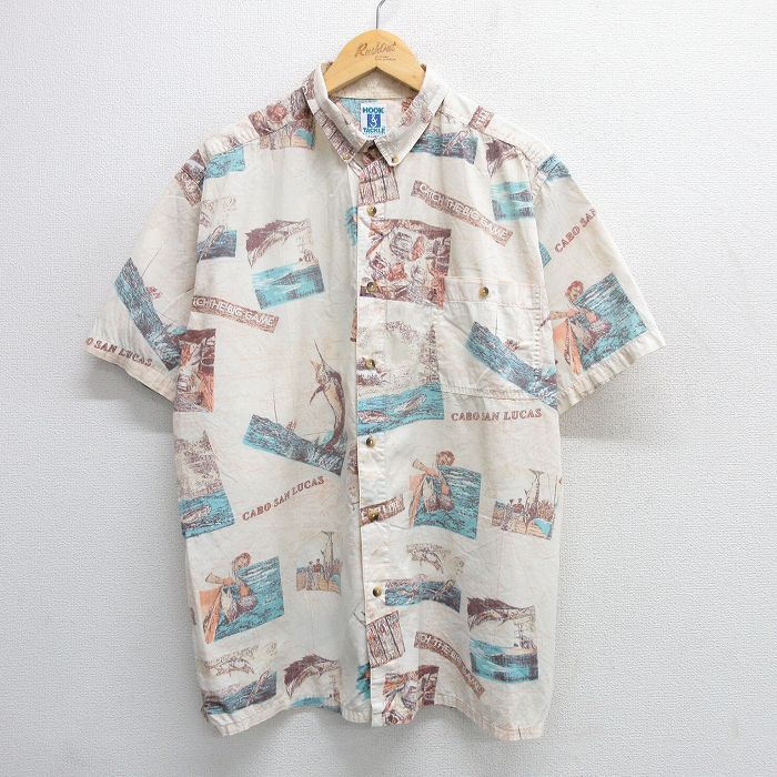 【商品番号】 shrs25042320 【商品名】 XL & starf;古着 半袖 シャツ メンズ 90年代 90s 釣り 魚 総柄 大きいサイズ ボタンダウン 薄ベージュ他 【メンズ参考サ