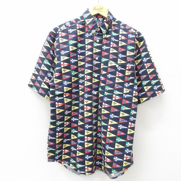 【商品番号】 shrs25043414 【商品名】 L & starf;古着 半袖 シャツ メンズ 00年代 00s 旗 総柄 コットン ボタンダウン 濃紺 【メンズ参考サイズ】 L 【表記サ
