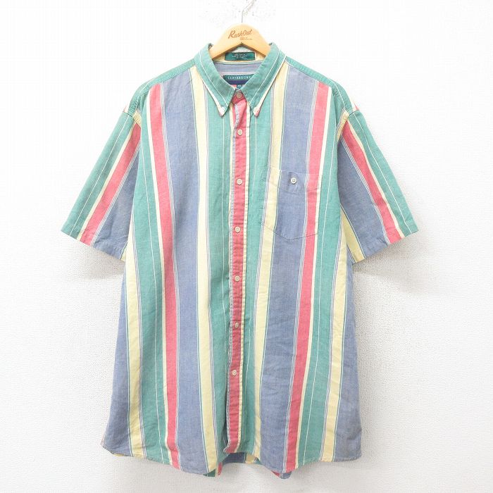 【商品番号】 shrs25052045 【商品名】 XL & starf;古着 半袖 シャツ メンズ 大きいサイズ ロング丈 コットン ボタンダウン 緑他 ストライプ 【メンズ参考サイズ】 X