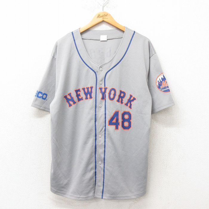 【商品番号】 shrs25052046 【商品名】 L & starf;古着 半袖 ベースボール シャツ メンズ MLB ニューヨークメッツ ジェイコブデグロム 48 メッシュ地 グレー メジ