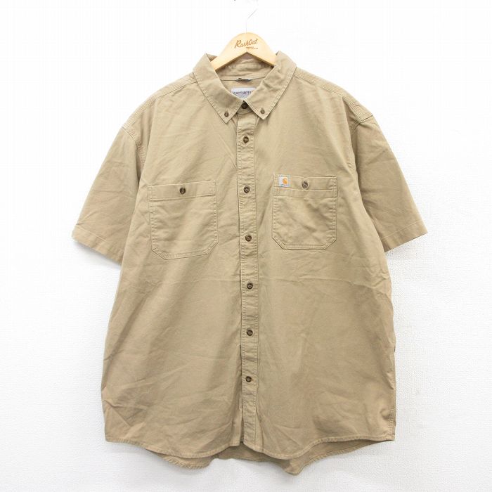 【商品番号】 shrs25053098 【商品名】 XL & starf;古着 カーハート 半袖 シャツ メンズ ワンポイントロゴ ダック地 大きいサイズ ロング丈 ボタンダウン ベージュ 【