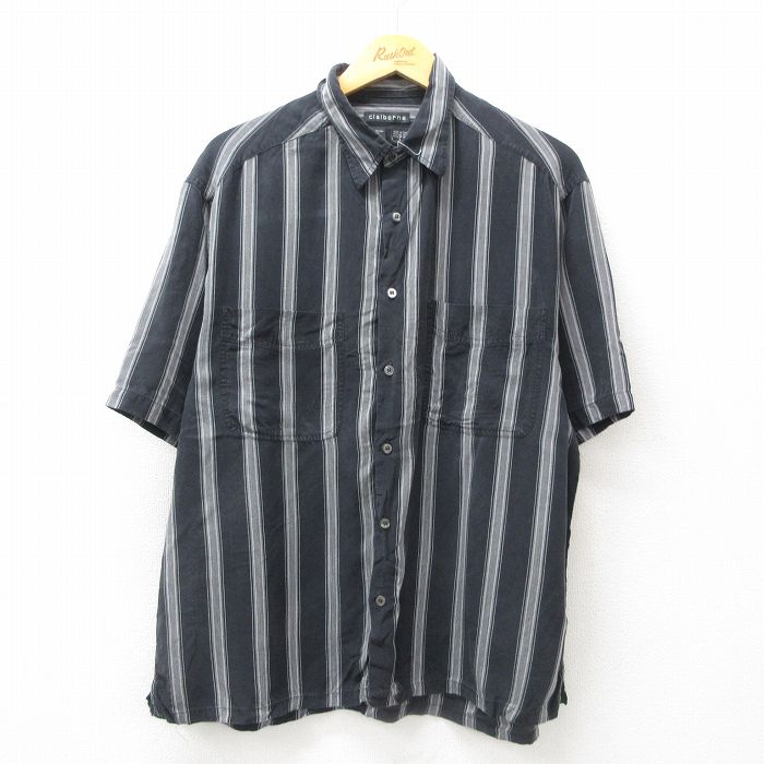 【商品番号】 shrs25060332 【商品名】 XL & starf;古着 半袖 シャツ メンズ レーヨン 黒他 ストライプ 【メンズ参考サイズ】 XL 【表記サイズ】 L 【実寸サイズ】
