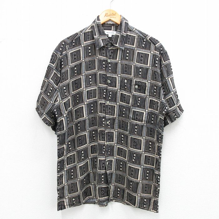 【商品番号】 shrs25061393 【商品名】 L & starf;古着 ピエールカルダン 半袖 ブランド シャツ メンズ 90年代 90s 総柄 レーヨン 黒他 【メンズ参考サイズ】 L