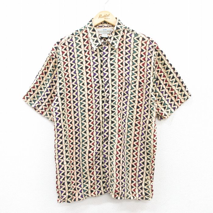 【商品番号】 shrs25062011 【商品名】 M & starf;古着 半袖 シャツ メンズ 00年代 00s 総柄 レーヨン 黒他 【メンズ参考サイズ】 M 【表記サイズ】 M 【実寸