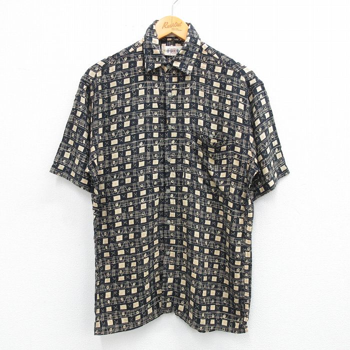 【商品番号】 shrs25062235 【商品名】 M & starf;古着 半袖 シャツ メンズ 00年代 00s 総柄 レーヨン 黒他 【メンズ参考サイズ】 M 【表記サイズ】 なし 【実