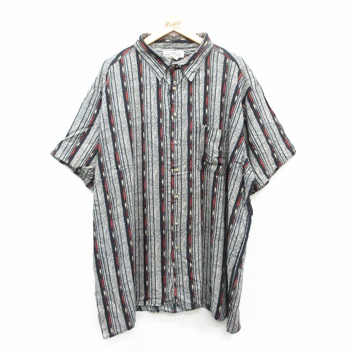 【商品番号】 shrs25062606 【商品名】 XL & starf;古着 半袖 シャツ メンズ 00年代 00s 大きいサイズ ロング丈 レーヨン 黒他 ストライプ 【メンズ参考サイズ】