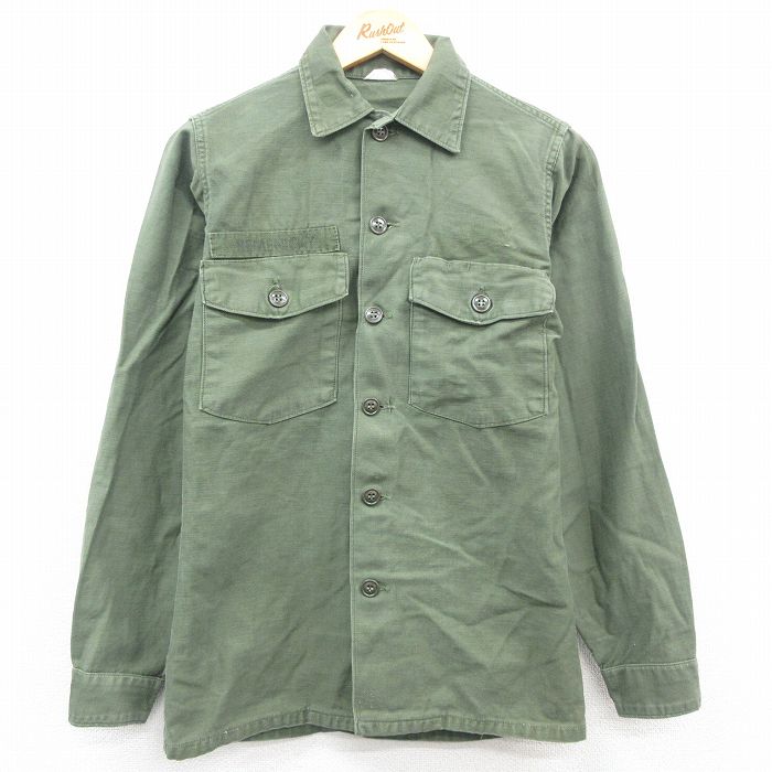 古着 長袖 ビンテージ ミリタリー シャツ メンズ 70年代 70s コットン 濃緑 グリーン Sサイズ 中古 トップス 中古 古着