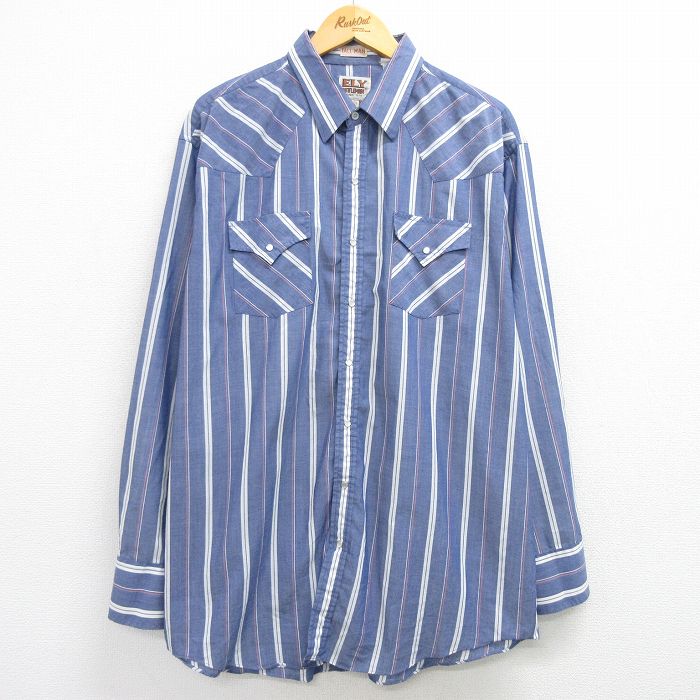 【商品番号】 shwn25031533 【商品名】 XL & starf;古着 ELY 長袖 ウエスタン シャツ メンズ 90年代 90s 大きいサイズ ロング丈 紺他 ストライプ 【メンズ参