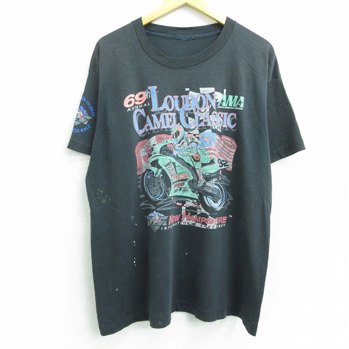 古着 半袖 ビンテージ Tシャツ メンズ 80年代 80s バイク ニューハンプシャー 大きいサイズ クルーネック 黒 ブラック spe XL 中古 古着