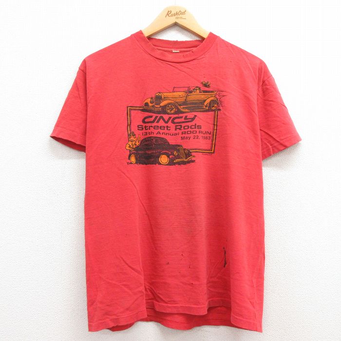 古着 半袖 ビンテージ Tシャツ メンズ 80年代 80s 車 ホットロッド HOT ROD ポロ クルーネック 赤 レッド Lサイズ 中古 中古 古着