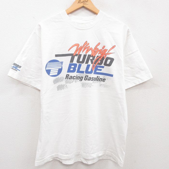 古着 半袖 ビンテージ Tシャツ メンズ 90年代 90s TURBO BLUE レーシング クルーネック 白 ホワイト Lサイズ 中古 中古 古着