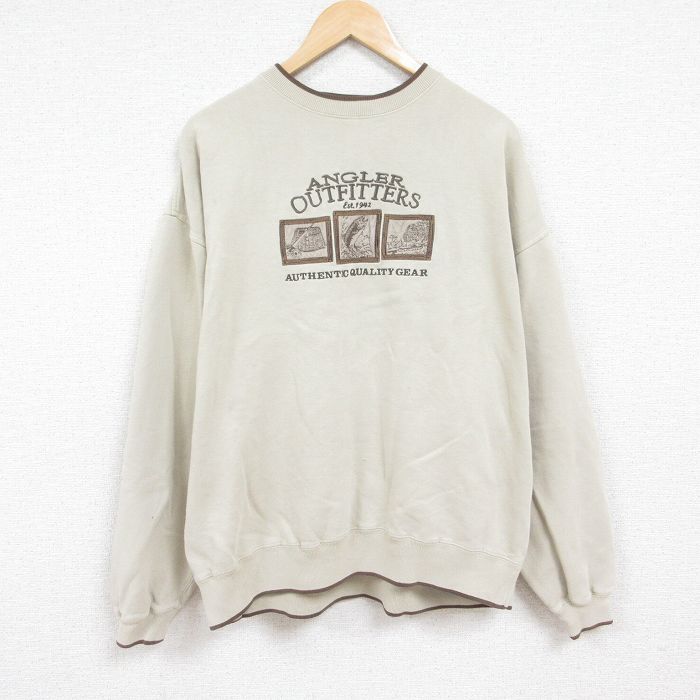 【商品番号】 swr53120554 【商品名】 XL & starf;古着 長袖 スウェット メンズ 00年代 00s 釣り 刺繍 大きいサイズ クルーネック 薄ベージュ 【メンズ参考サイズ