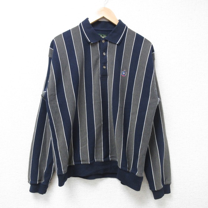 【商品番号】 swr54070733 【商品名】 M & starf;古着 長袖 スウェット メンズ 90年代 90s 鹿の子 襟付き 紺他 ストライプ 【メンズ参考サイズ】 M 【表記サイズ