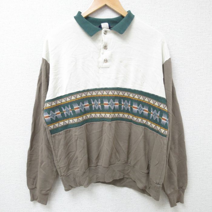 【商品番号】 swr54100355 【商品名】 M & starf;古着 長袖 スウェット メンズ 90年代 90s ネイティブ柄 マルチカラー 襟付き 茶他 【メンズ参考サイズ】 M 【表