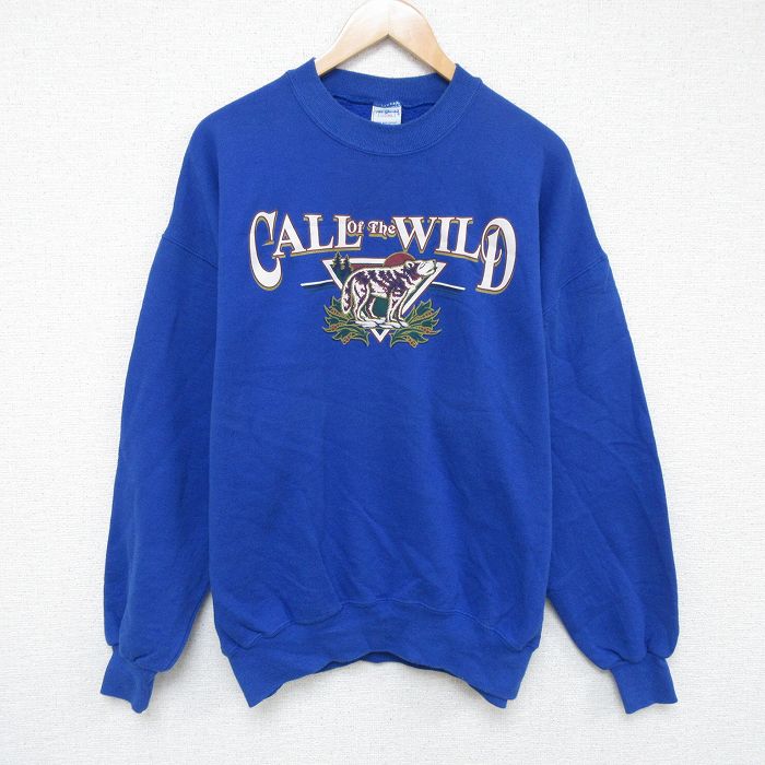 【商品番号】 swr54110205 【商品名】 XL & starf;古着 長袖 スウェット メンズ 90年代 90s オオカミ クルーネック USA製 青 【メンズ参考サイズ】 XL 【表