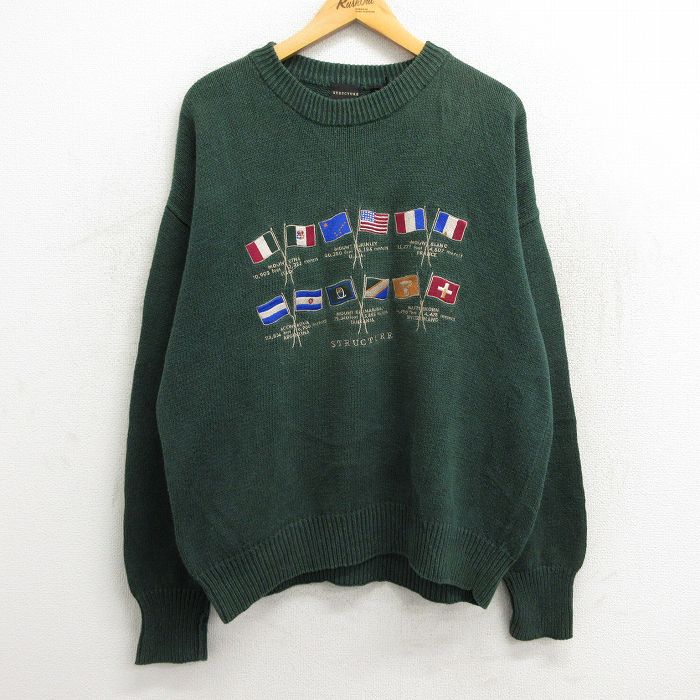 【商品番号】 swtr23100205 【商品名】 XL & starf;古着 STRUCTURE 長袖 セーター メンズ 00年代 00s 国旗 刺繍 クルーネック 緑 【メンズ参考サイズ】