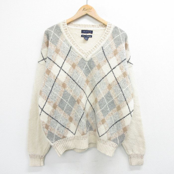 【商品番号】 swtr23102151 【商品名】 XL & starf;古着 長袖 セーター メンズ 90年代 90s GANT アーガイル柄 ウール Vネック 白他 【メンズ参考サイズ】 