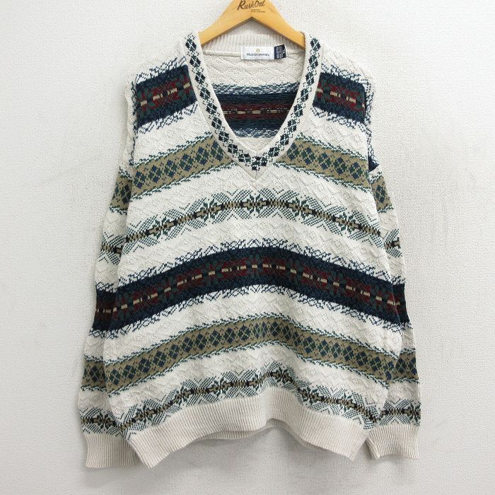 【商品番号】 swtr23102384 【商品名】 XL & starf;古着 マンシングウェア 長袖 セーター メンズ 90年代 90s 雪柄 手織り コットン Vネック USA製 白他 【