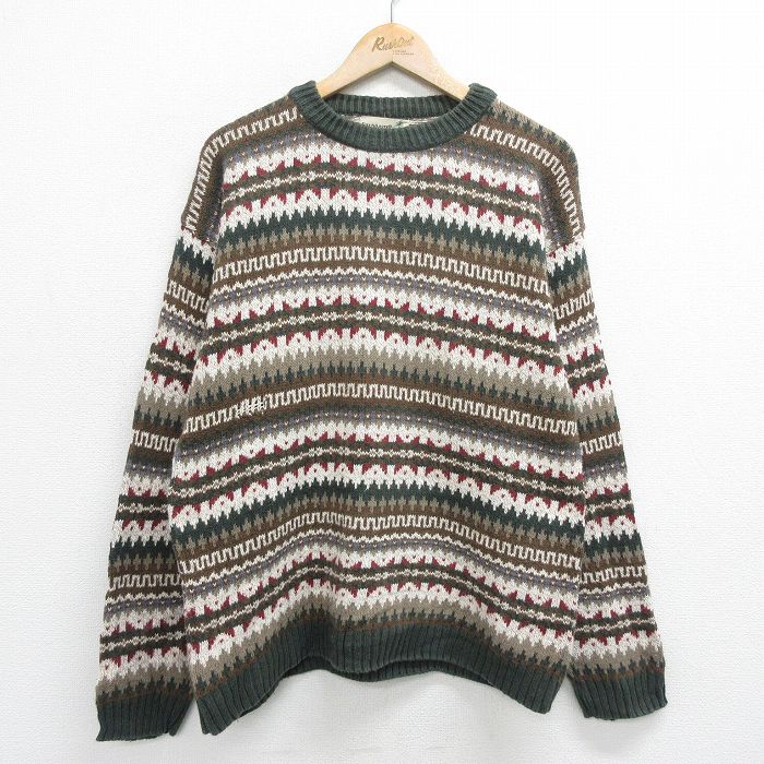 【商品番号】 swtr23112403 【商品名】 L & starf;古着 長袖 セーター メンズ 90年代 90s フェアアイル コットン クルーネック USA製 緑他 【メンズ参考サイズ