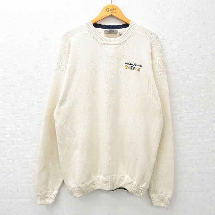 【商品番号】 swtr23121525 【商品名】 XL & starf;古着 長袖 セーター メンズ 90年代 90s GOODYEAR 刺繍 コットン クルーネック 生成り 【メンズ参考サ