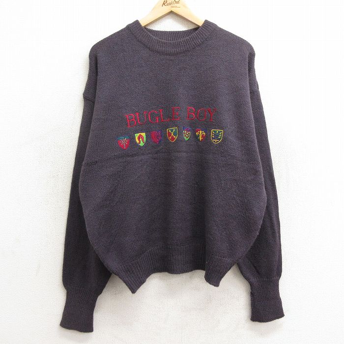 【商品番号】 swtr24090043 【商品名】 XL & starf;古着 ビューグルボーイ 長袖 セーター メンズ 90年代 90s ビッグロゴ 刺繍 大きいサイズ クルーネック 紫【s