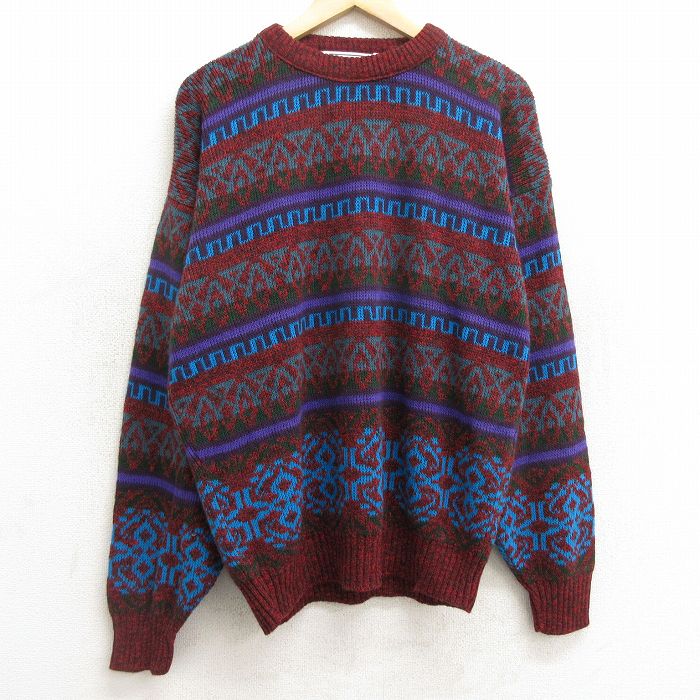【商品番号】 swtr24090050 【商品名】 XL & starf;古着 長袖 セーター メンズ 90年代 90s フェアアイル 大きいサイズ アクリル クルーネック USA製 赤他 【