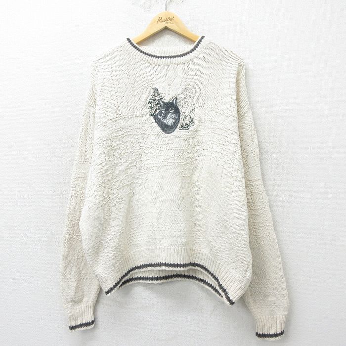 【商品番号】 swtr24090720 【商品名】 XL & starf;古着 長袖 セーター メンズ 90年代 90s オオカミ 刺繍 大きいサイズ コットン クルーネック USA製 白 【