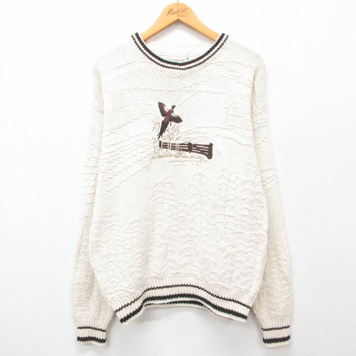 【商品番号】 swtr24090798 【商品名】 M & starf;古着 長袖 セーター メンズ 90年代 90s 鳥 刺繍 コットン クルーネック USA製 白 【メンズ参考サイズ】 M