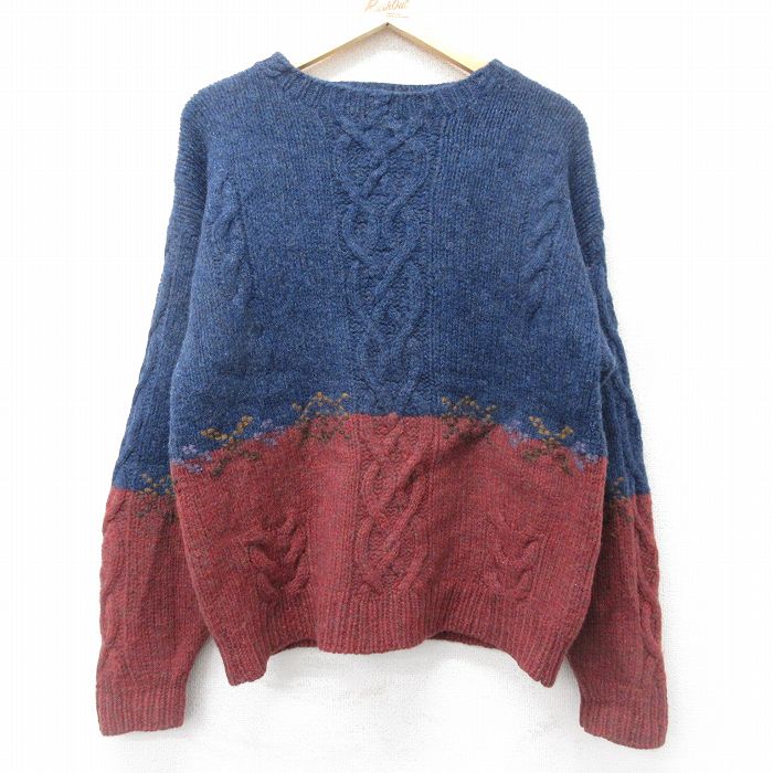 【商品番号】 swtr24090839 【商品名】 M & starf;古着 ウールリッチ 長袖 ケーブル セーター メンズ 00年代 00s 手織り ハンドニット ウール クルーネック 紺他