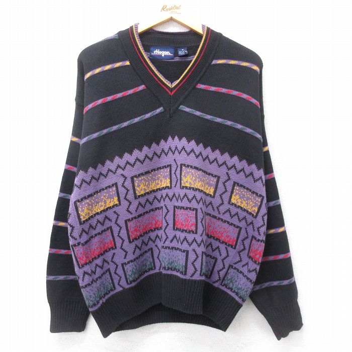 【商品番号】 swtr24091584 【商品名】 XL & starf;古着 長袖 セーター メンズ 90年代 90s 大きいサイズ コットン Vネック 黒他 【メンズ参考サイズ】 XL 【