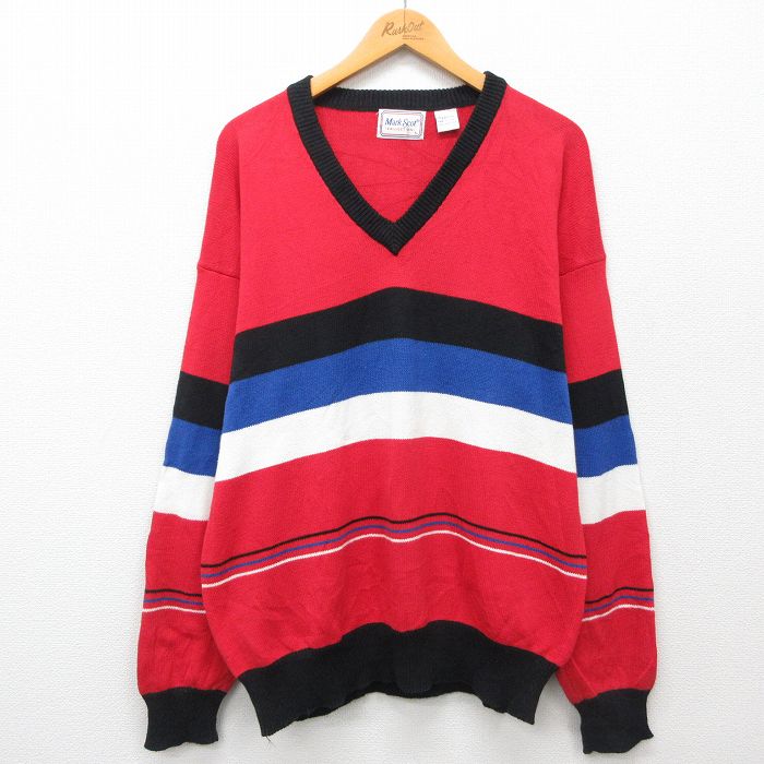 【商品番号】 swtr24091922 【商品名】 XL & starf;古着 長袖 セーター メンズ コットン Vネック 赤他 【メンズ参考サイズ】 XL 【表記サイズ】 L 【実寸サイズ】
