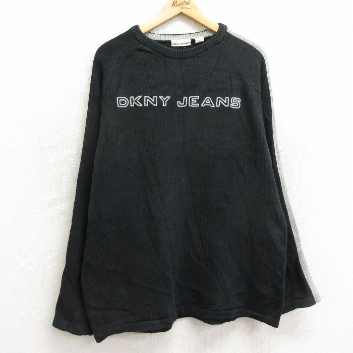 【商品番号】 swtr24092157 【商品名】 XL & starf;古着 ダナキャラン DKNY 長袖 セーター メンズ ビッグロゴ ラグラン 大きいサイズ クルーネック 黒他 【メンズ