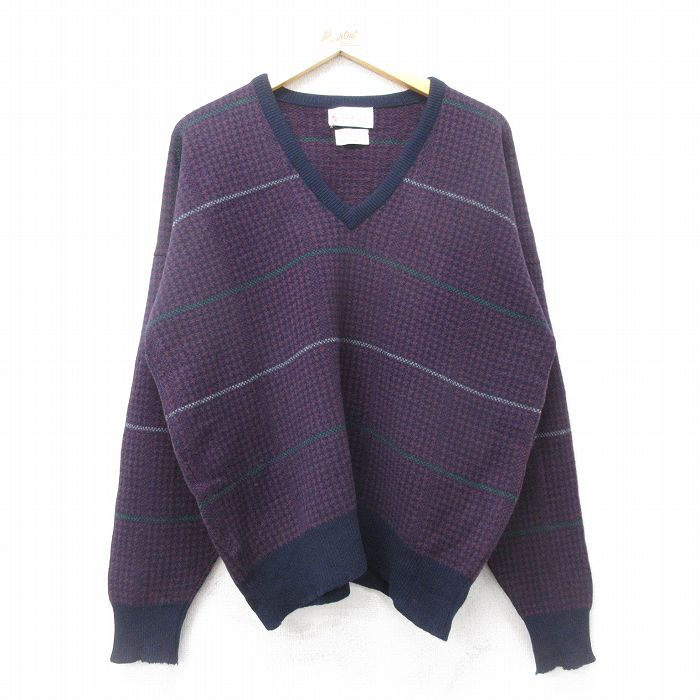 【商品番号】 swtr24092553 【商品名】 XL & starf;古着 長袖 セーター メンズ 80年代 80s ラムウール Vネック イングランド製 紫他 【メンズ参考サイズ】 XL