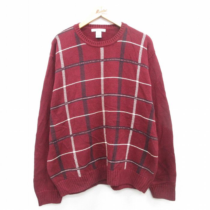 【商品番号】 swtr24092622 【商品名】 XL & starf;古着 長袖 セーター メンズ 00年代 00s 大きいサイズ コットン クルーネック エンジ他 チェック 【メンズ参考