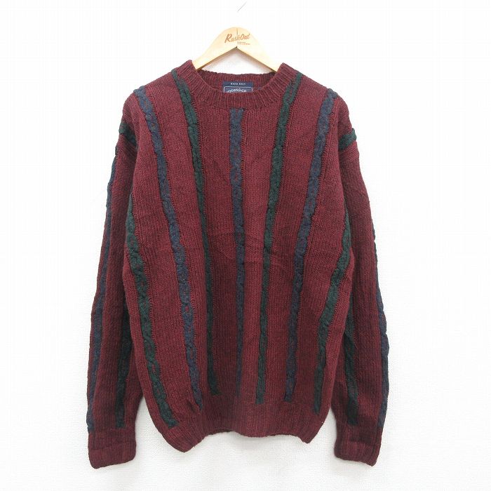 【商品番号】 swtr24093305 【商品名】 L & starf;古着 長袖 ケーブル セーター メンズ 90年代 90s 手編み ハンドニット クルーネック エンジ他 ストライプ 【メ