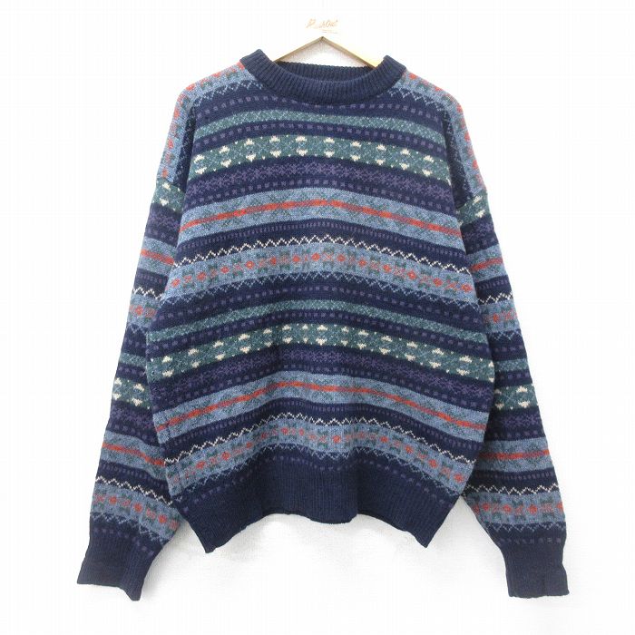 【商品番号】 swtr24093327 【商品名】 XL & starf;古着 長袖 セーター メンズ 90年代 90s フェアアイル 大きいサイズ ウール クルーネック 紺他 【メンズ参考サ