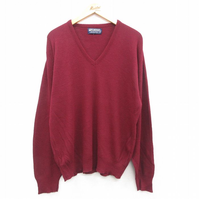 【商品番号】 swtr24100049 【商品名】 XL & starf;古着 ピューリタン 長袖 セーター メンズ 80年代 80s 無地 大きいサイズ アクリル Vネック USA製 エンジ