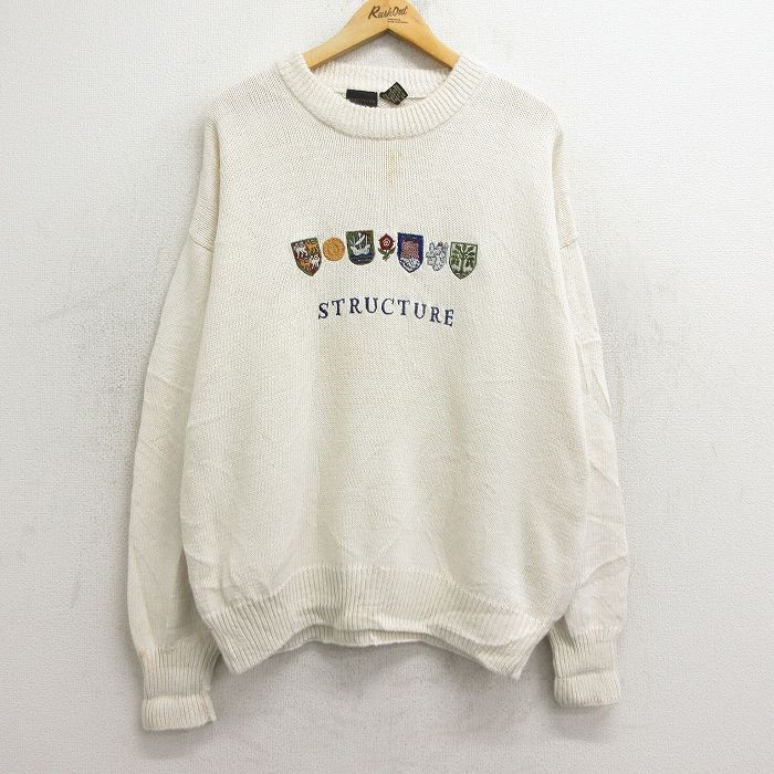 【商品番号】 swtr24100887 【商品名】 XL & starf;古着 STRUCTURE 長袖 セーター メンズ ビッグロゴ エンブレム 刺繍 クルーネック 白 【メンズ参考サイズ】